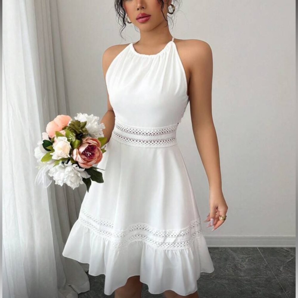 Boho white lace insert open back dress